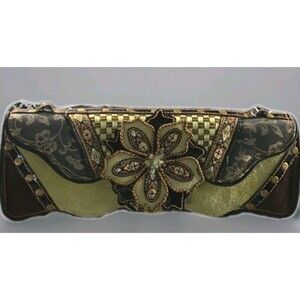Vintage Mary Frances  Bag Clutch Suede Chartreuse Brown Floral Beaded Checkered